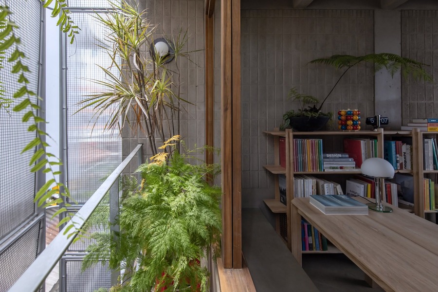 Khoảng thông tầng và ánh sáng lọc qua lam tại Lá-Sách House