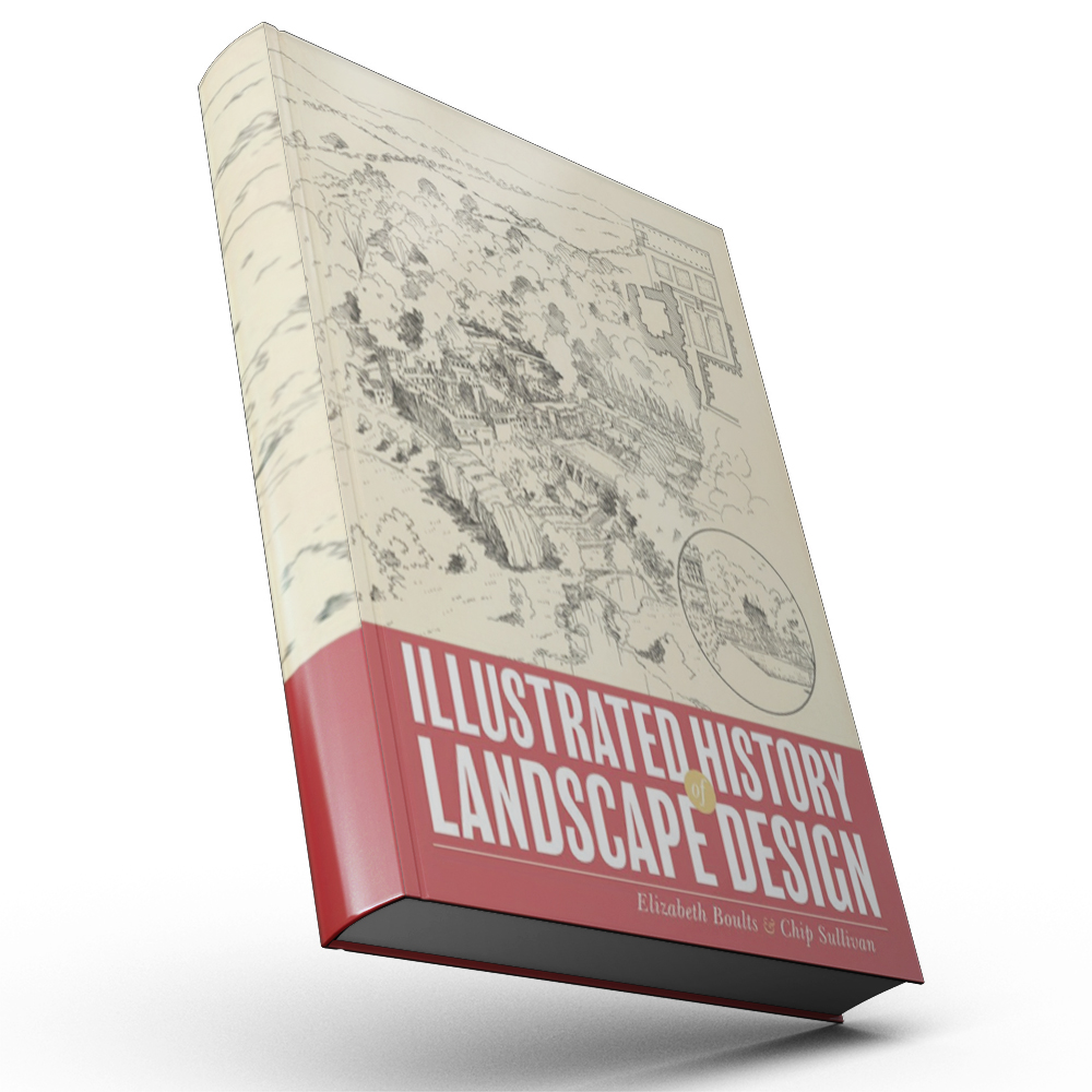 Bìa sách Illustrated History of Landscape Design của Elizabeth Boults và Chip Sullivan, dàn dựng dạng mockup