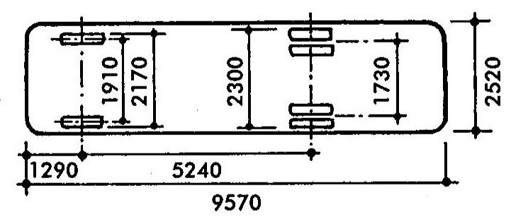 Sơ đồ trục bánh xe rác và xe tải chuyên chở đồ nhà, thể hiện khoảng cách giữa các tim bánh trước và sau