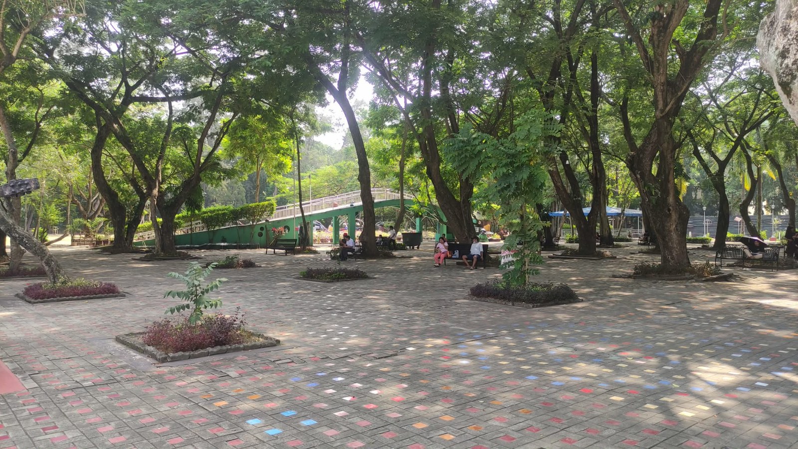 Quảng trường rợp bóng cây với ghế đá và người ngồi dưới tán