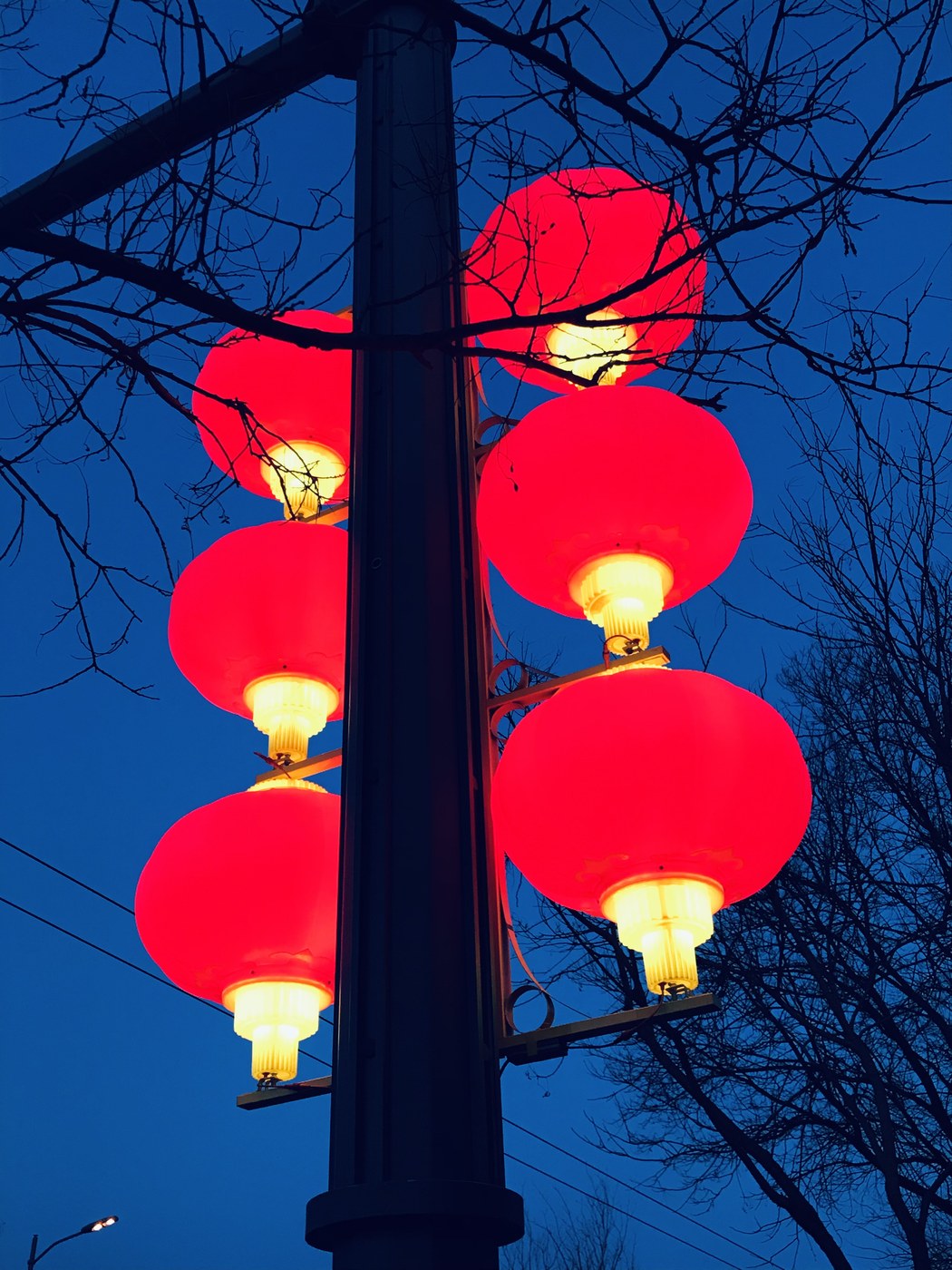 Dãy đèn lồng đỏ hình cầu treo thành hàng dài trong đêm, phát sáng ấm