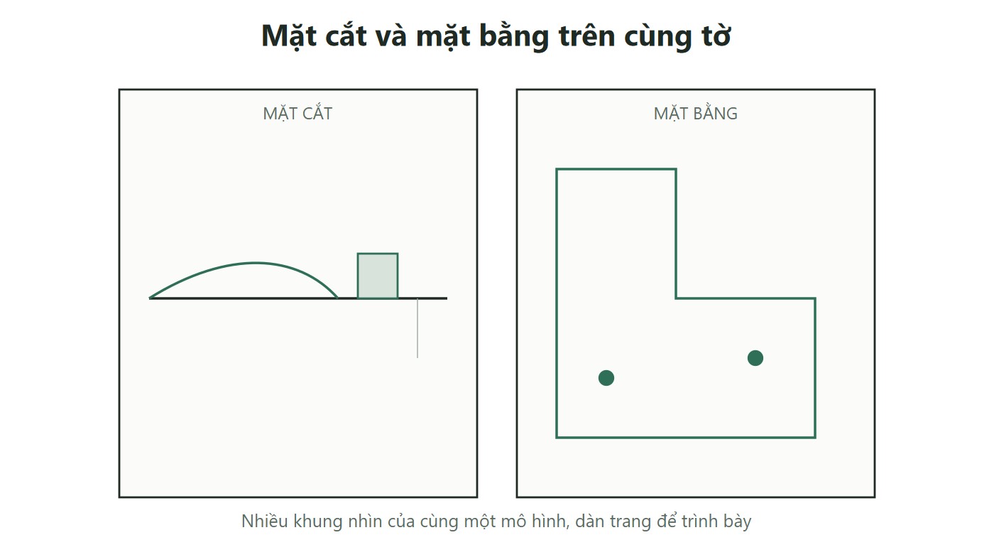 Giao diện mặt cắt và mặt bằng đặt cạnh nhau trên tờ trình bày