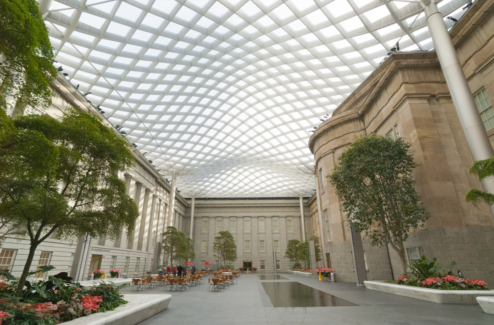 Sân trong Kogod của Bảo tàng Mỹ thuật Smithsonian — mái kính uốn cong phủ trên sân có mặt nước cạn và cây trồng