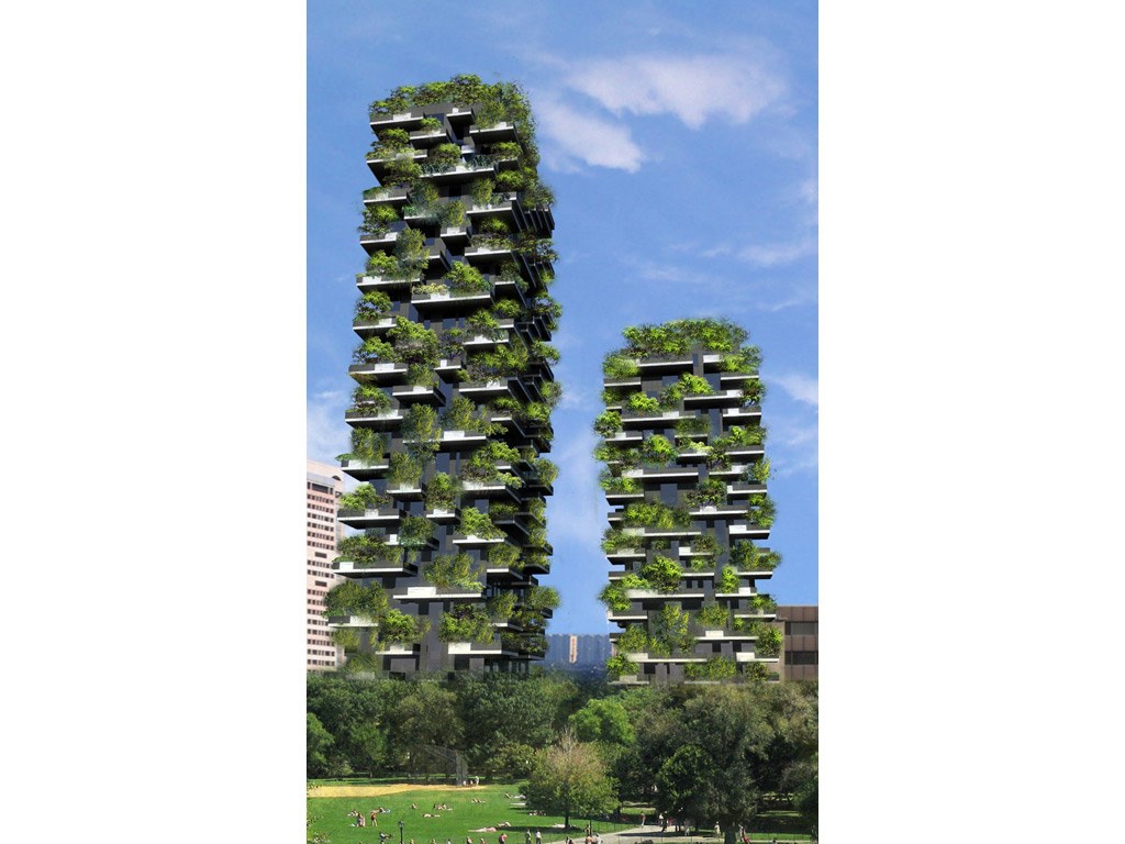 Ảnh dựng phối cảnh hai toà nhà phủ kín cây xanh trên mọi tầng ban công, dựa trên thiết kế Bosco Verticale ở Milan